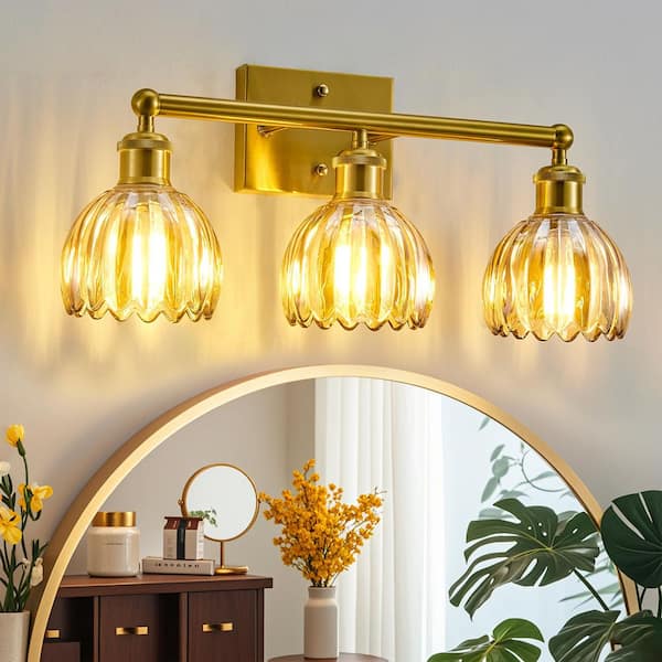19.6 in. 3-Light Modern Gold Bathroom Vanity Light with Amber Tulip Glass Shade
