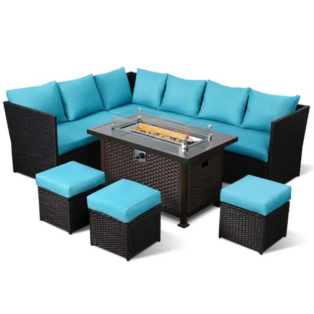 AECOJOY Brown 7Piece Wicker Outdoor Patio Fire Pit Set with Blue