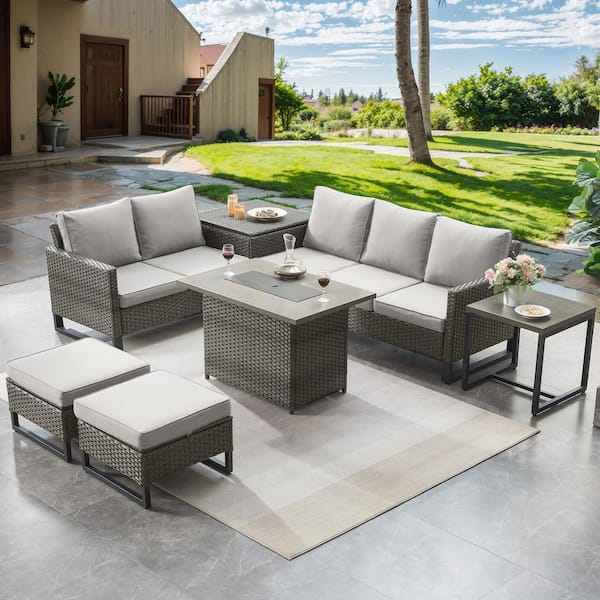 7-Piece Gray Wicker Fire Pit Conversation Set with Olefin Beige Cushions and Sectionsal Sofa/Storage Box