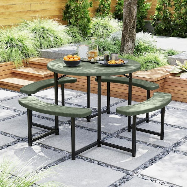62 in. Green Round Steel and HDPE Picnic Tables Bench Set with Umbrella Hole