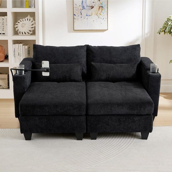 63 in. Square Arm Corduroy Square with USB Ports, Cup Holders, A Phone Holder and Ample Storage Space Sofa in Black