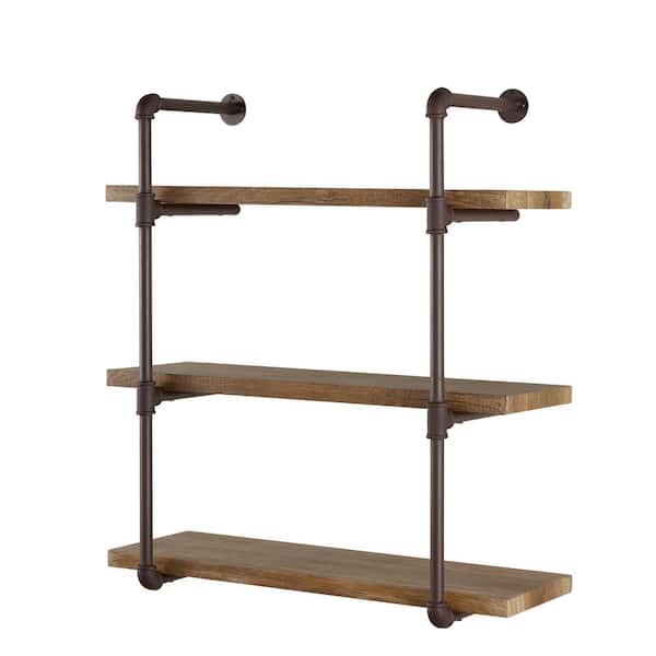 Modern Industrial Style 2 Tiers Wood Wall Shelf With Iron Pipe Wall Bracket US 