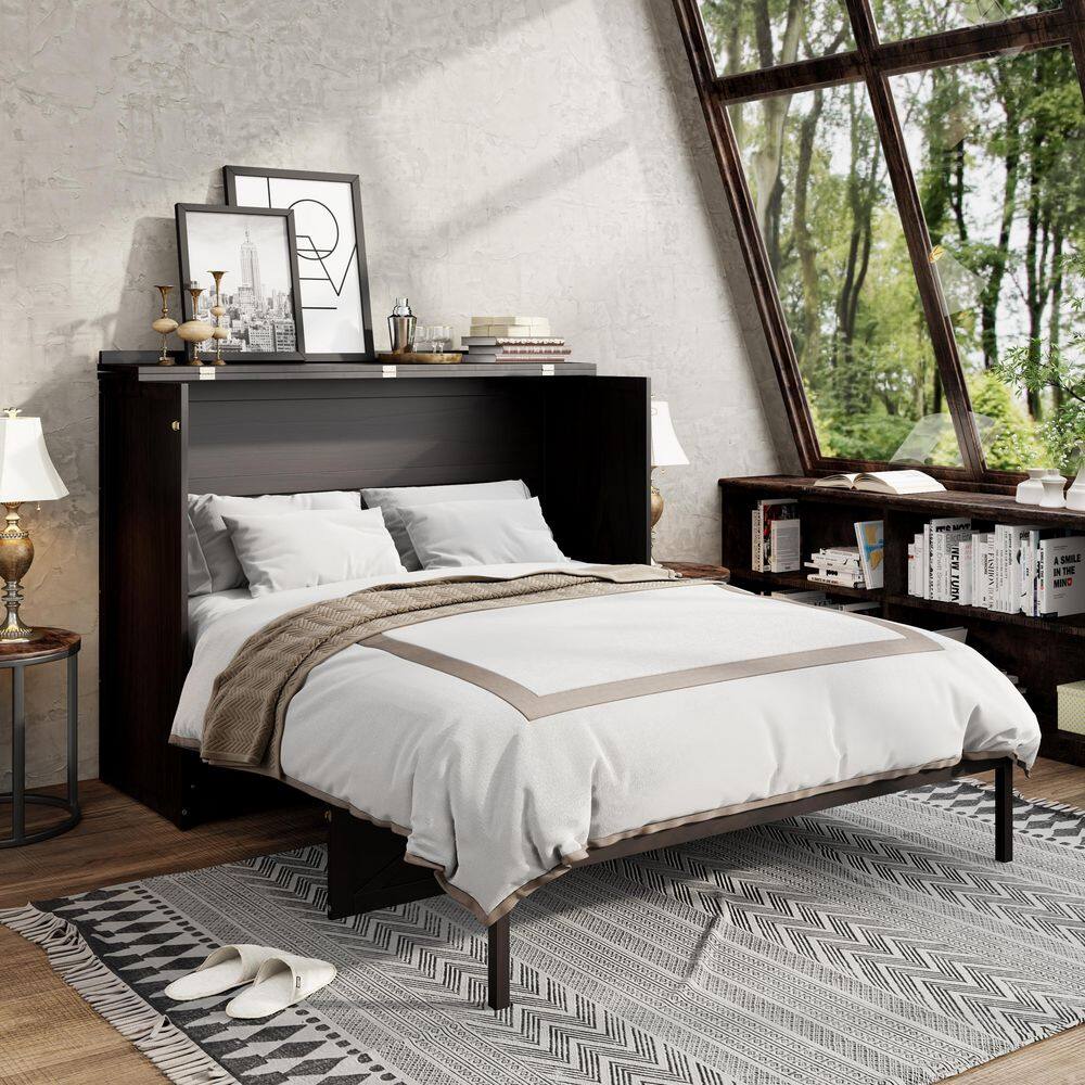 Brushed Gray Wood Frame Queen Size Murphy Bed with Large Drawers and USB - thumbnail 10