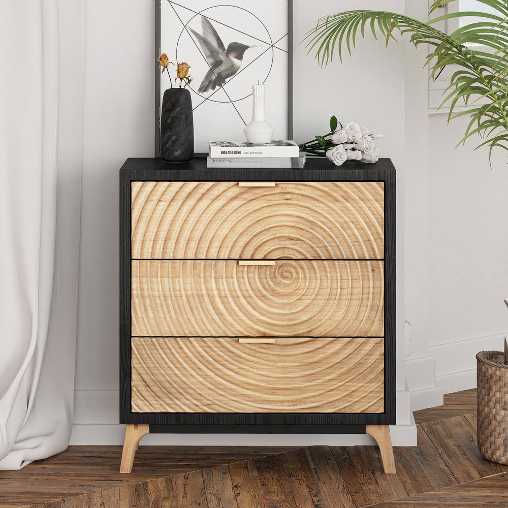 Black and Natural Wood 3-Drawer Nightstand with Ring Motif