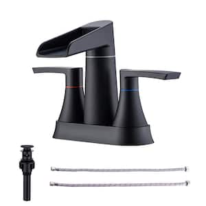 Waterfall Spout 4 in. Centerset 2-Handle Lavatory Bathroom Faucet with Drain Kit Included in Matte Black