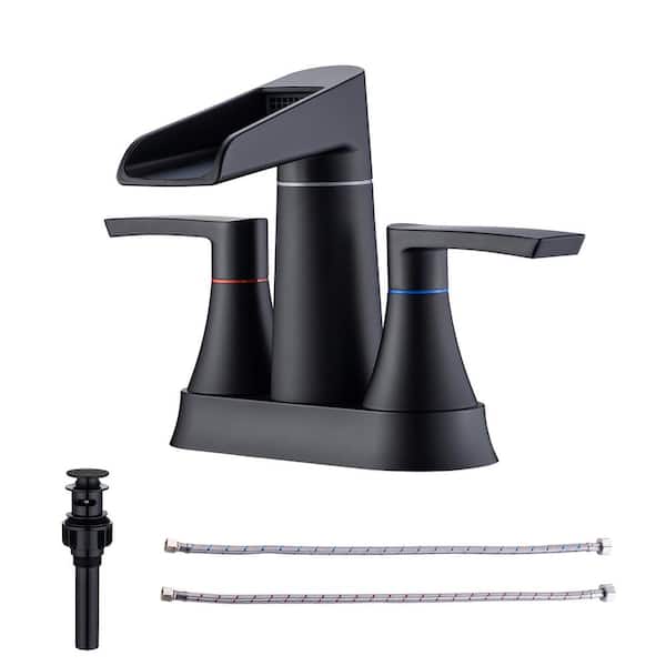 RAINLEX Waterfall Spout 4 in. Centerset 2-Handle Lavatory Bathroom Faucet with Drain Kit Included in Matte Black