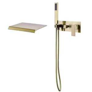 Single--Handle Waterfall Wall-Mount Roman Tub Faucet with Hand Shower 4 Hole Brass Tub Fillers in Brushed Gold