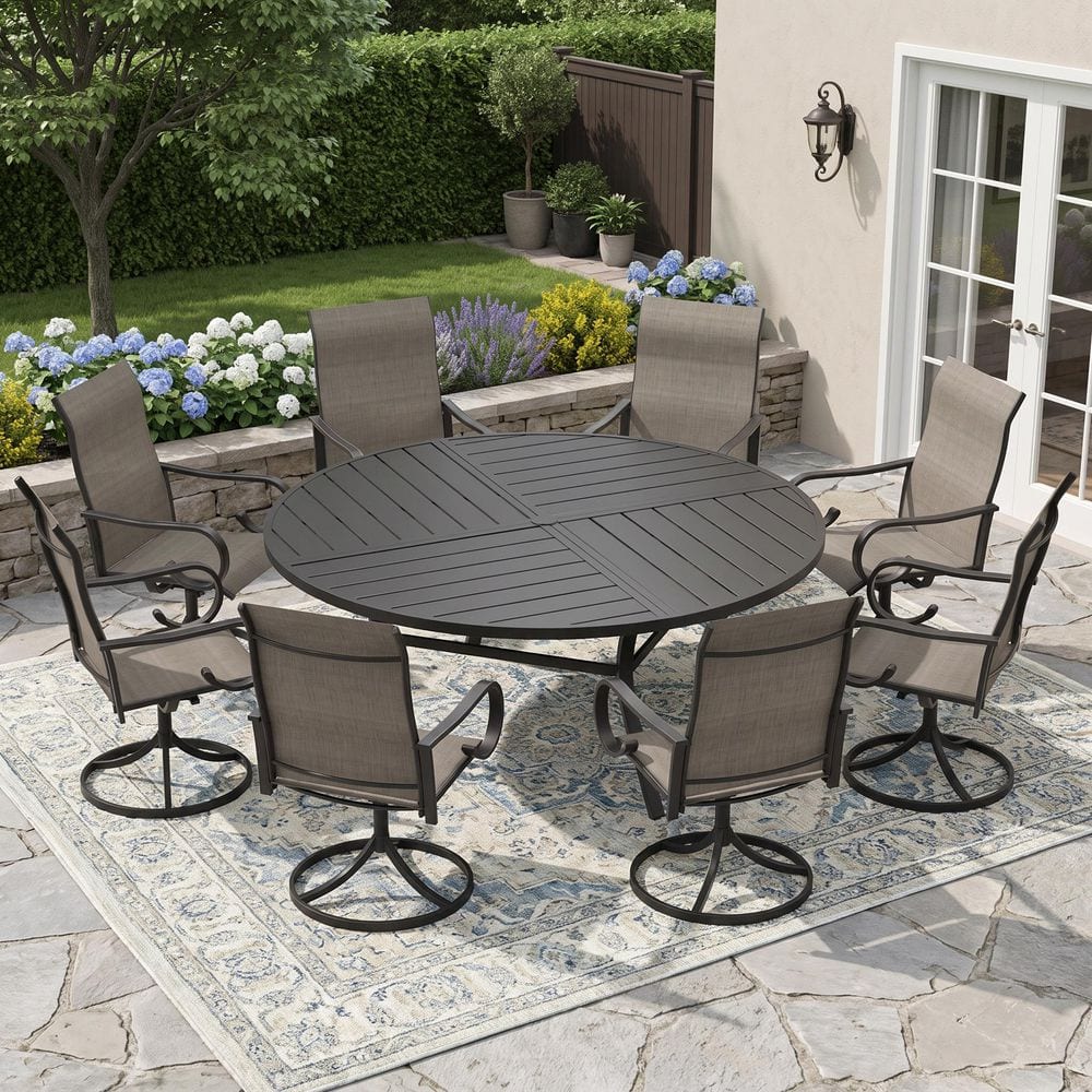 9-Piece Metal Outdoor Dining Set with 63 in. Black Round Table and 8 Textilene Swivel Dining Chairs with Brown Fabric price history on PriceWatchPro