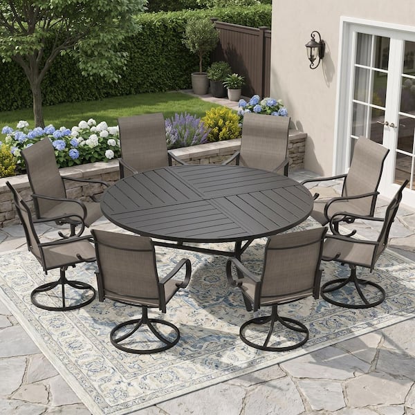 9-Piece Metal Outdoor Dining Set with 63 in. Black Round Table and 8 Textilene Swivel Dining Chairs with Brown Fabric