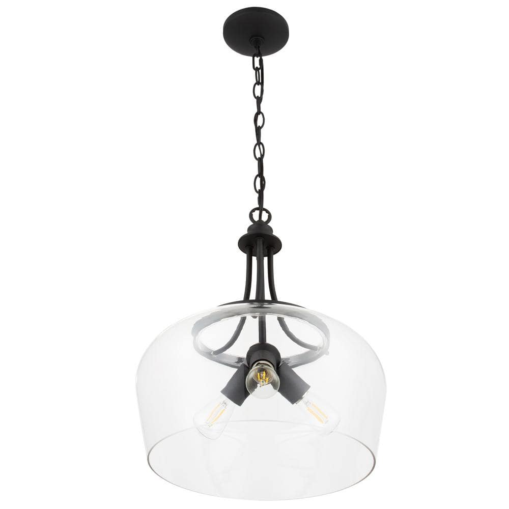 Matte Black 3-Light Dome Pendant with Glass Shade