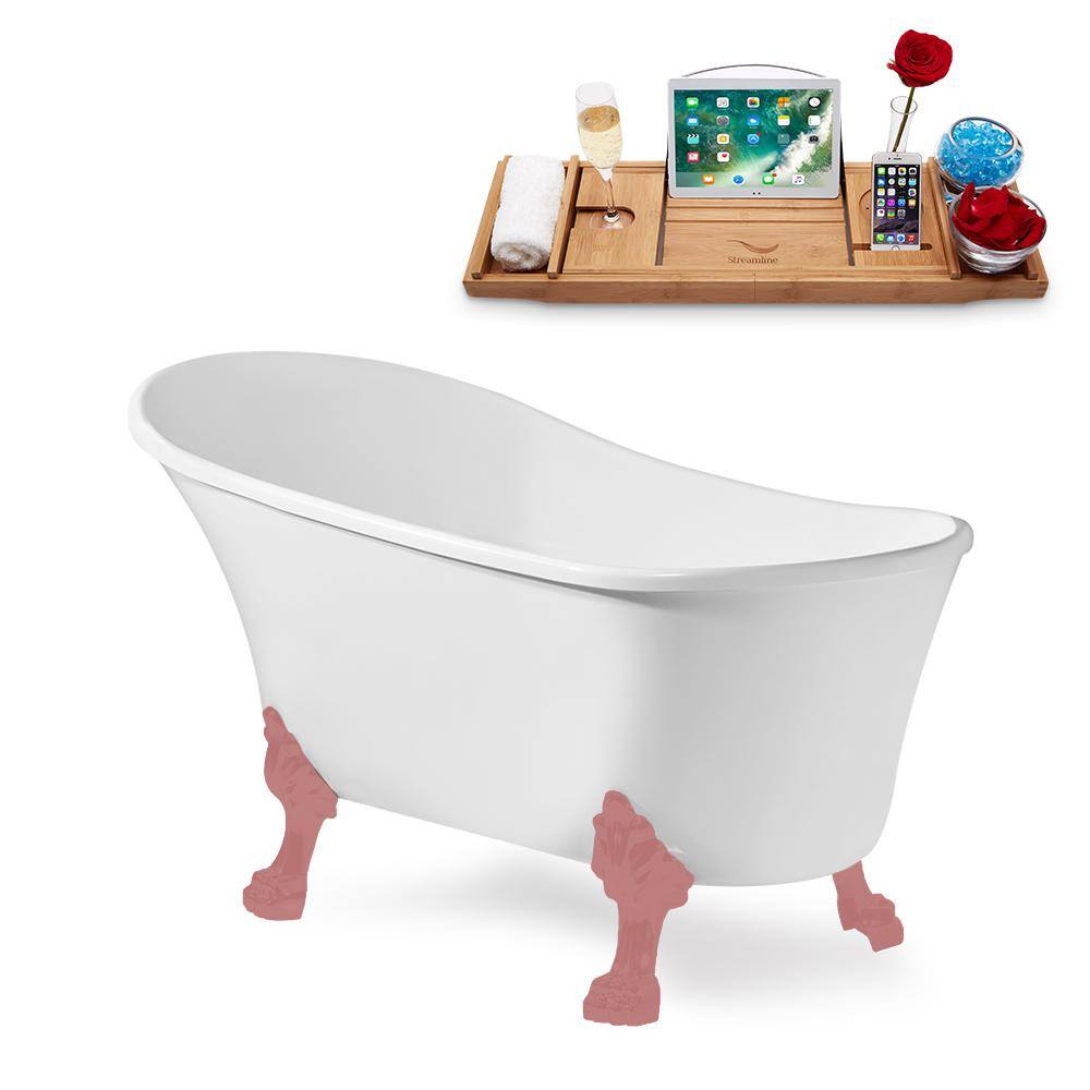 59" Glossy White Acrylic Clawfoot Bathtub with Matte Pink Feet