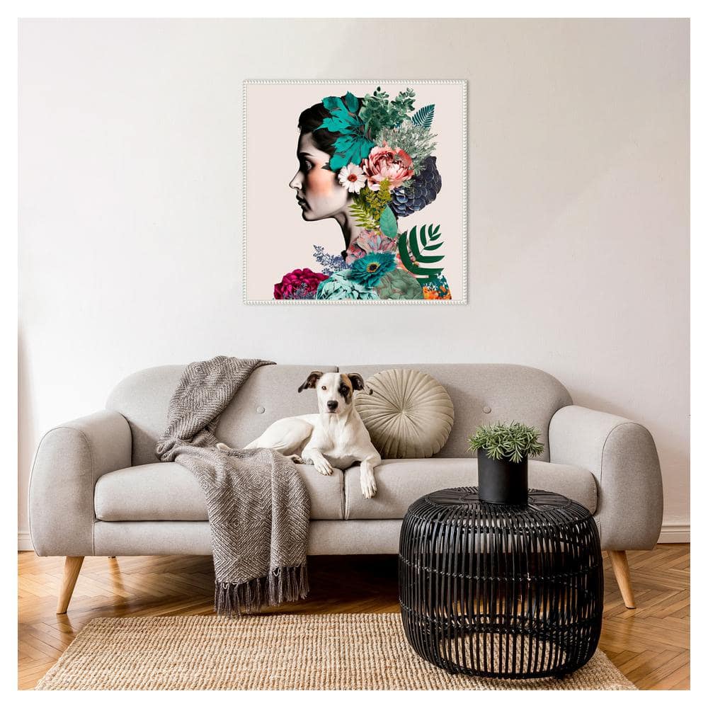 Floral Profile Abstract Expressionism Canvas Wall Art with White Frame