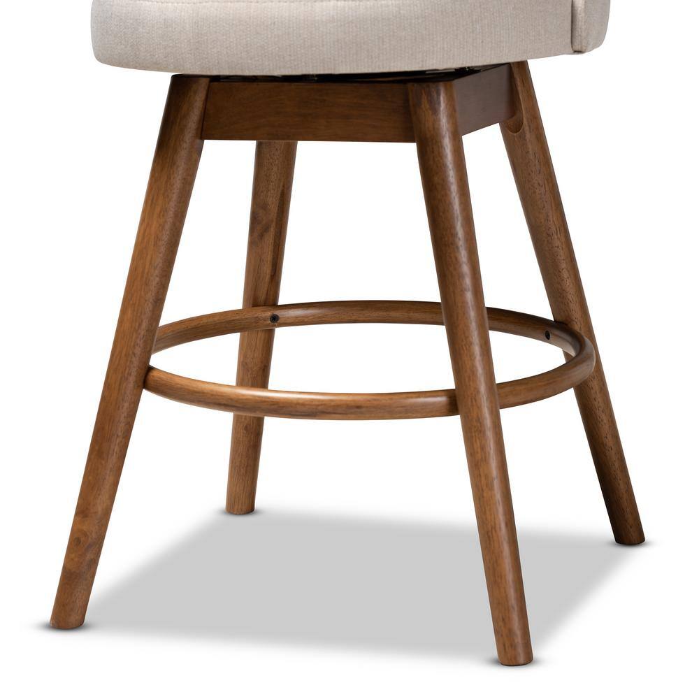 Light Beige Fabric Upholstered Walnut Wood Swivel Counter Stool Set