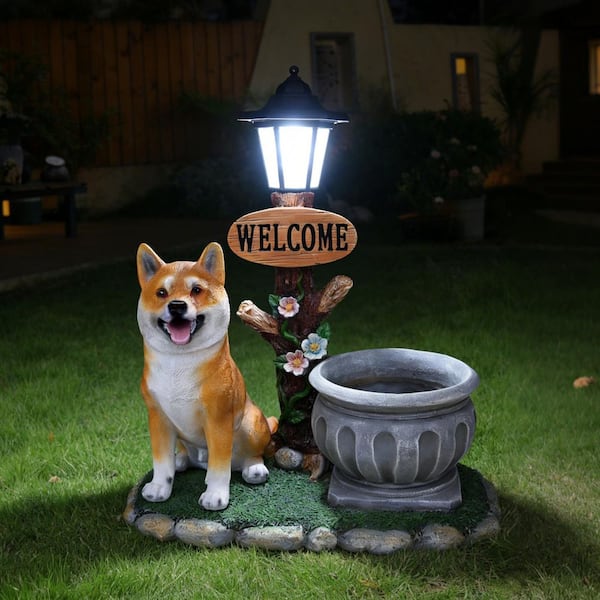 Sitting Akita Dog Planter Garden Decor - Brown
