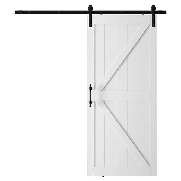 36 in. x 84 in. DIY Assembly K-Style White Solid Manufactured Wood Sliding Barn Door with Hardware Kit and Handle