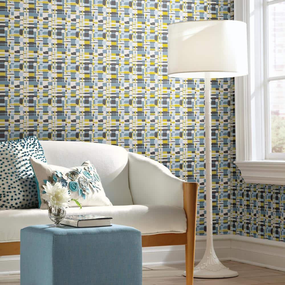 Retro Blue and Tan Plaid Peel and Stick Wallpaper Roll