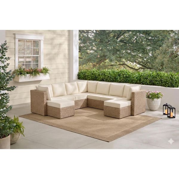 Crystal Ridge Wicker Outdoor 9-Piece Modular Sectional Sofa Set with Almond CushionGuard Cushions