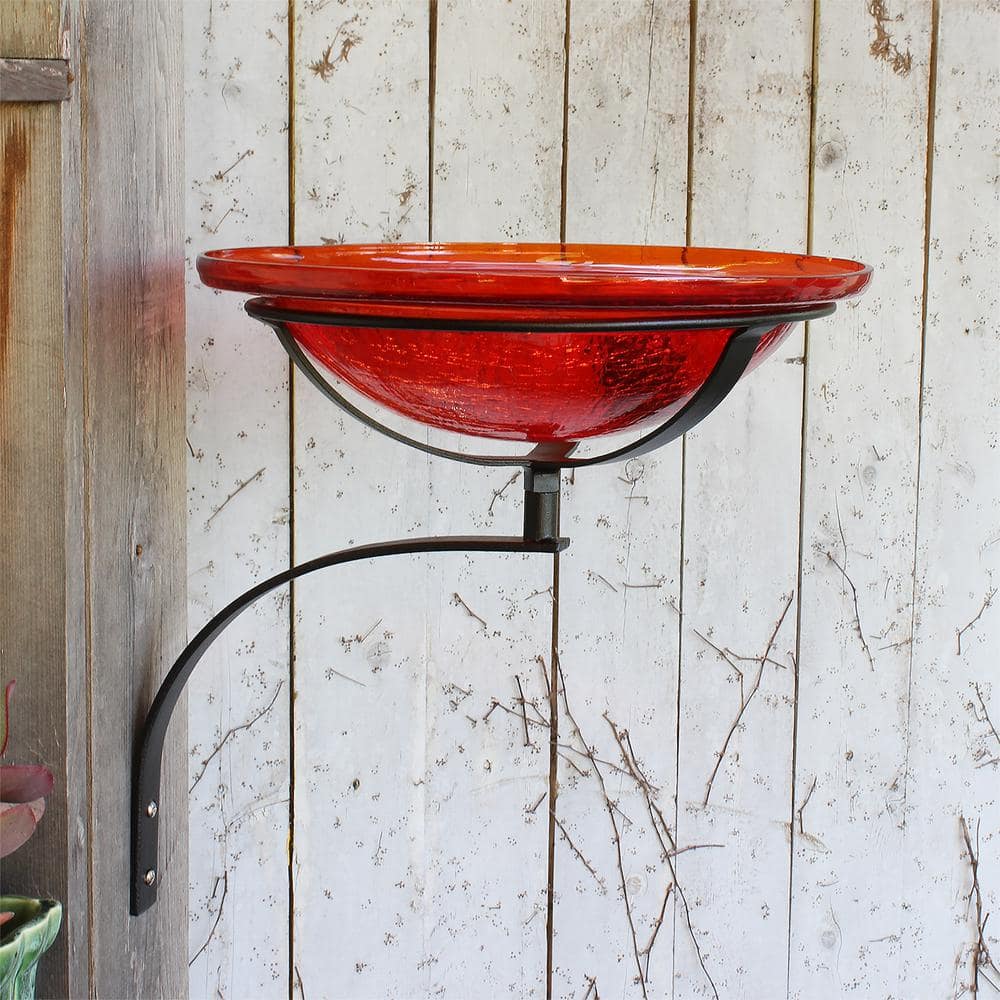 Tomato Red Crackle Glass Wall-Mounted Birdbath with Iron Bracket