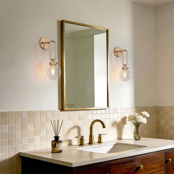 Mid-Century Modern Gold Globe Wall Sconce for Bedroom 1-Light Gold Bathroom Vanity Light with Clear Glass Shade