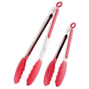 2-Pack (9 in. and 12 in.) Tongs for Cooking with Silicone Tips - Silver - Red