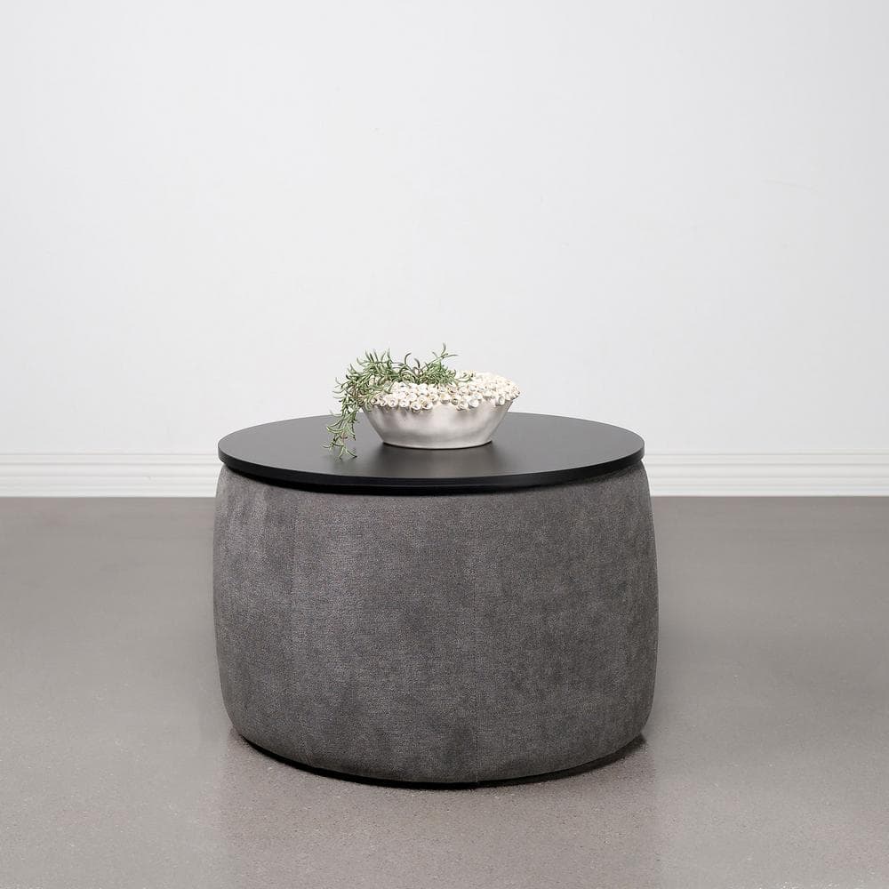 Gray and Black Round Upholstered Lift-Top Storage Ottoman