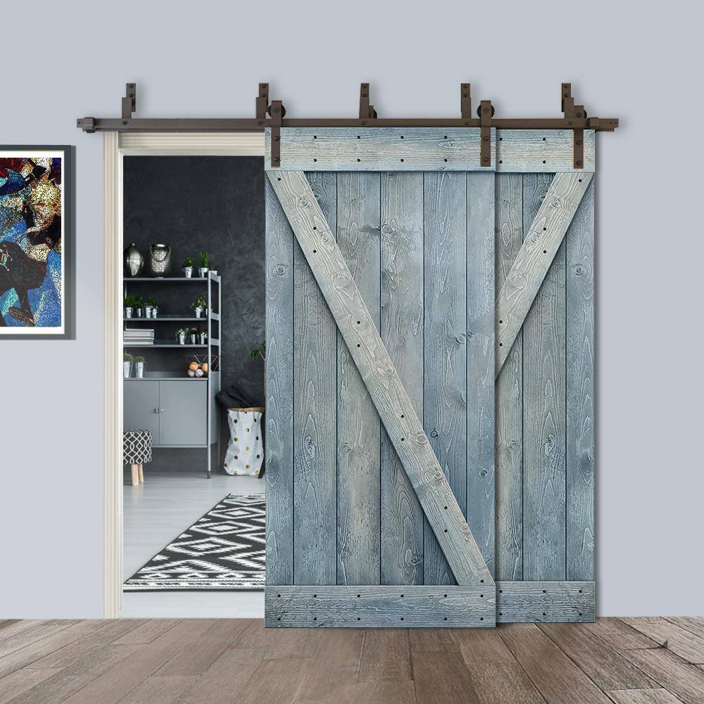 Denim Blue Knotty Pine Double Sliding Barn Door with Oil-Rubbed Bronze Hardware