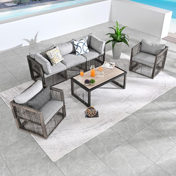 Patio Festival 6-Piece Wicker Patio Conversation Deep Seating Set with Gray Cushions