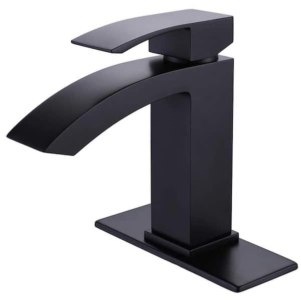 FLG Single-Handle Single-Hole Waterfall Bathroom Faucet Brass Sink Basin Taps with Deckplate Included in Matte Black