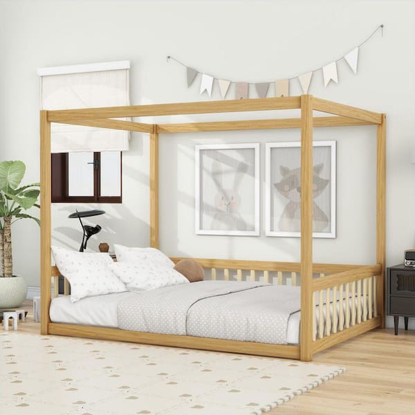 Natural Brown Wood Frame Full Size Platform Bed with Fence and Guardrails
