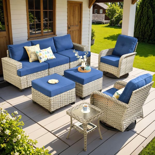 OVIOS Vinceny Gray 8-Piece Wicker Patio Conversation Seating Set with Navy Blue Cushions and Swivel Chairs