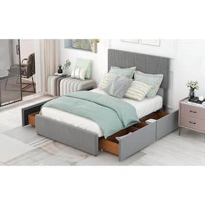 Gray Wood Frame Full Size Upholstery Platform Bed with 4-Drawers on Two Sides, Adjustable Headboard