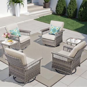 Nyajiah 6-Piece Swivel Wicker Outdoor Lounge Chair Patio Rocking Chair Set with Beige Cushions