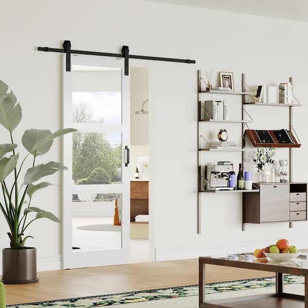 36 in. x 84 in. 3 Lite, Two-sided Mirrored Glass MDF White Sliding Barn Door with Hardware Kit, Need to Assemble