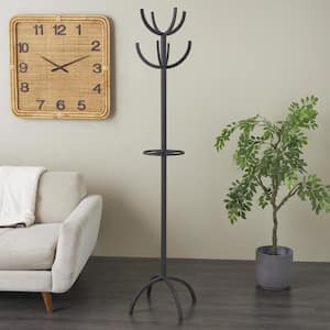 Black Metal 8 Hook Coat Rack with Ached Legs and Circular Center Storage