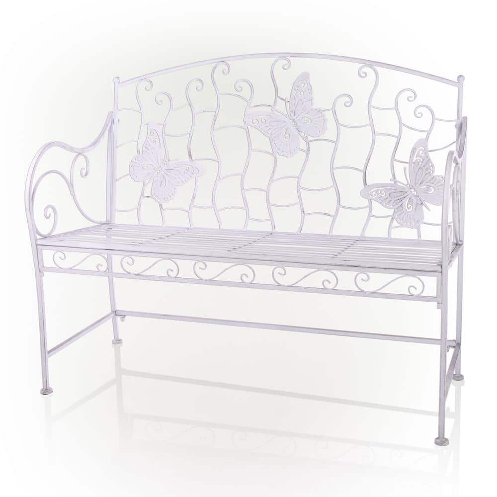 43 in. L 2-Person White Metal Indoor/Outdoor Garden Bench with Butterfly Ba