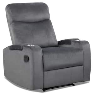 Gray Metal Flannelett Recliner Chair with Arm Storage and Cup Holder
