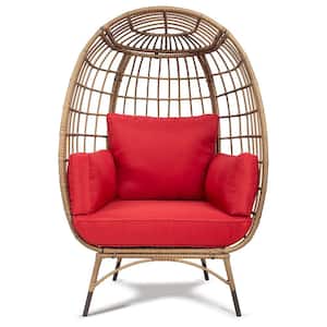 Outdoor Yellow Wicker Patio Swing Egg Chair with Red Cushions