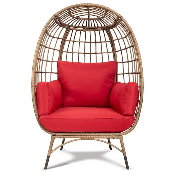 Sudzendf Outdoor Yellow Wicker Patio Swing Egg Chair with Red Cushions
