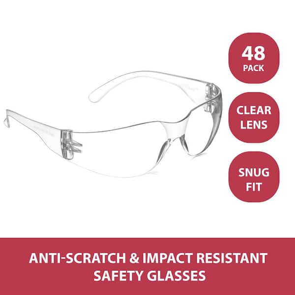 Clear Lens Clear Frame Safety Glasses, Anti-Scratch, Impact Resistant, One Size, Lightweight (48-Pairs)
