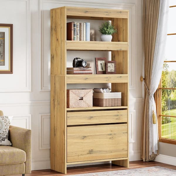 BYBLIGHT Eulas 70.87 in. Tall Oak Wood Bookcase with File Cabinet and Drawers