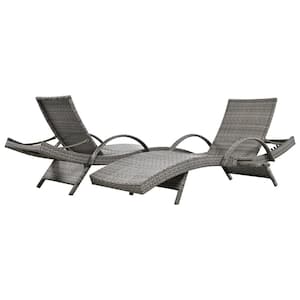 Gray Wicker and Steel Frame Outdoor Chaise Lounge with 5Level Adjustable Backrest, Pull-out Side Table, Set of 2-Pieces