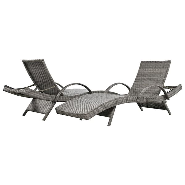 Sungrd Gray Wicker and Steel Frame Outdoor Chaise Lounge with 5Level Adjustable Backrest, Pull-out Side Table, Set of 2-Pieces