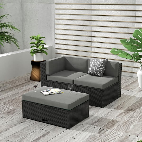 WESTIN OUTDOOR Kaison Black 2-Piece Wicker/Rattan Outdoor Loveseat and Ottoman with Gray Cushions