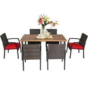 7-Piece Wicker Rectangle Table Outdoor Dining Set with Red Cushions and Umbrella Hole