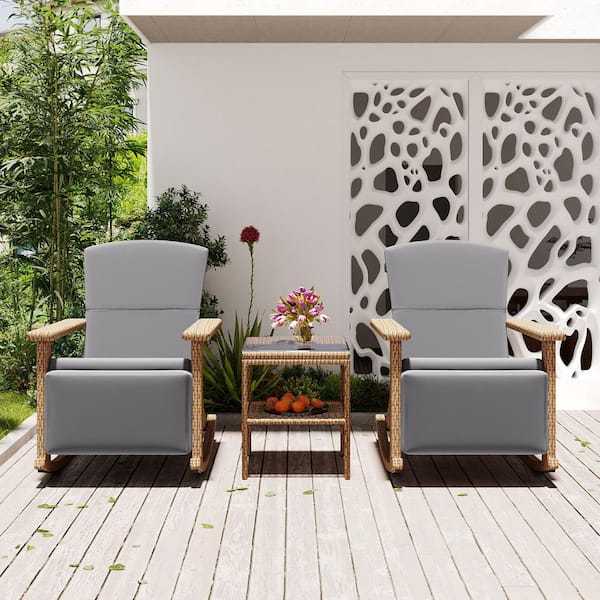Cesicia Adjustable Double Wicker Outdoor Rocking Chair with Gray Cushions Coffee Table, Suitable for Backyard
