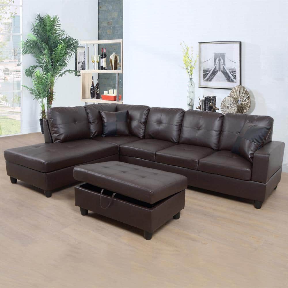 103.5 in. W Square Arm 3-piece L Shaped Faux Leather Sectional Sofa in Brow