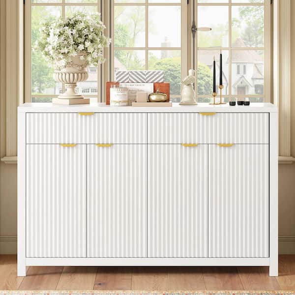 White Wood 55.1 in. Sideboards with 2 Drawers and 4 Doors, 3-Level Adjustable Shelves