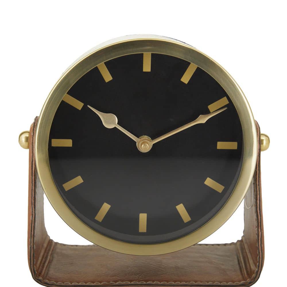 Gold Stainless Steel Round Desk Clock with Leather Stand
