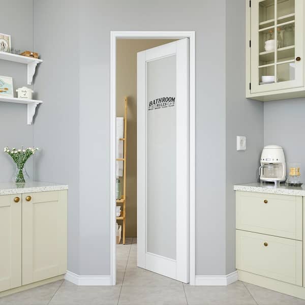 26 in. x 80 in. 1-Lite Tempered Frosted Glass White Primed Solid MDF Interior Door Slab with Peel Sticker (Bathroom)