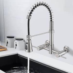 Double Handle Wall Mounted Pull Down Sprayer Kitchen Faucet with 3 Modes in Brushed Nickel